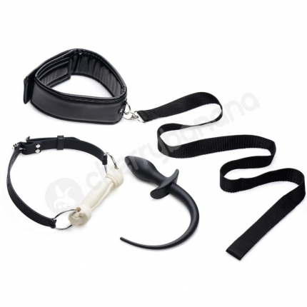 Strict Puppy Play Set Plug, Gag, Black Collar & Leash