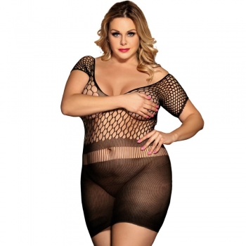 Cherry Banana Plus Size Black Crotchet Mesh Mini Chemise Dress