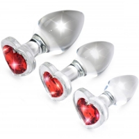 Booty Sparks Red Heart Gem Glass Anal Plug 3 Piece Set