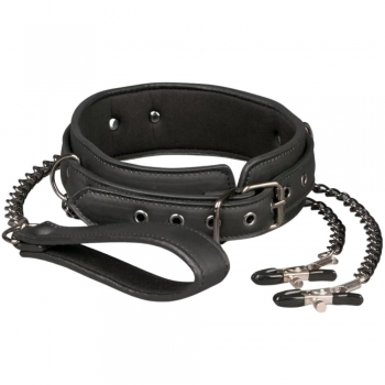 Fetish Collection Black Faux Leather Collar & Lead With Nipple Chain & Clamps