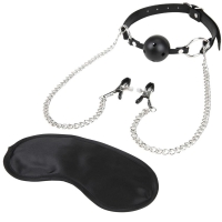 Lux Fetish Breathable Ball Gag With Nipple Clamps & Chain With Free Blindfold