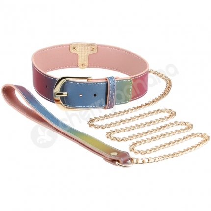 Spectra Bondage Rainbow & Gold Collar With Leash